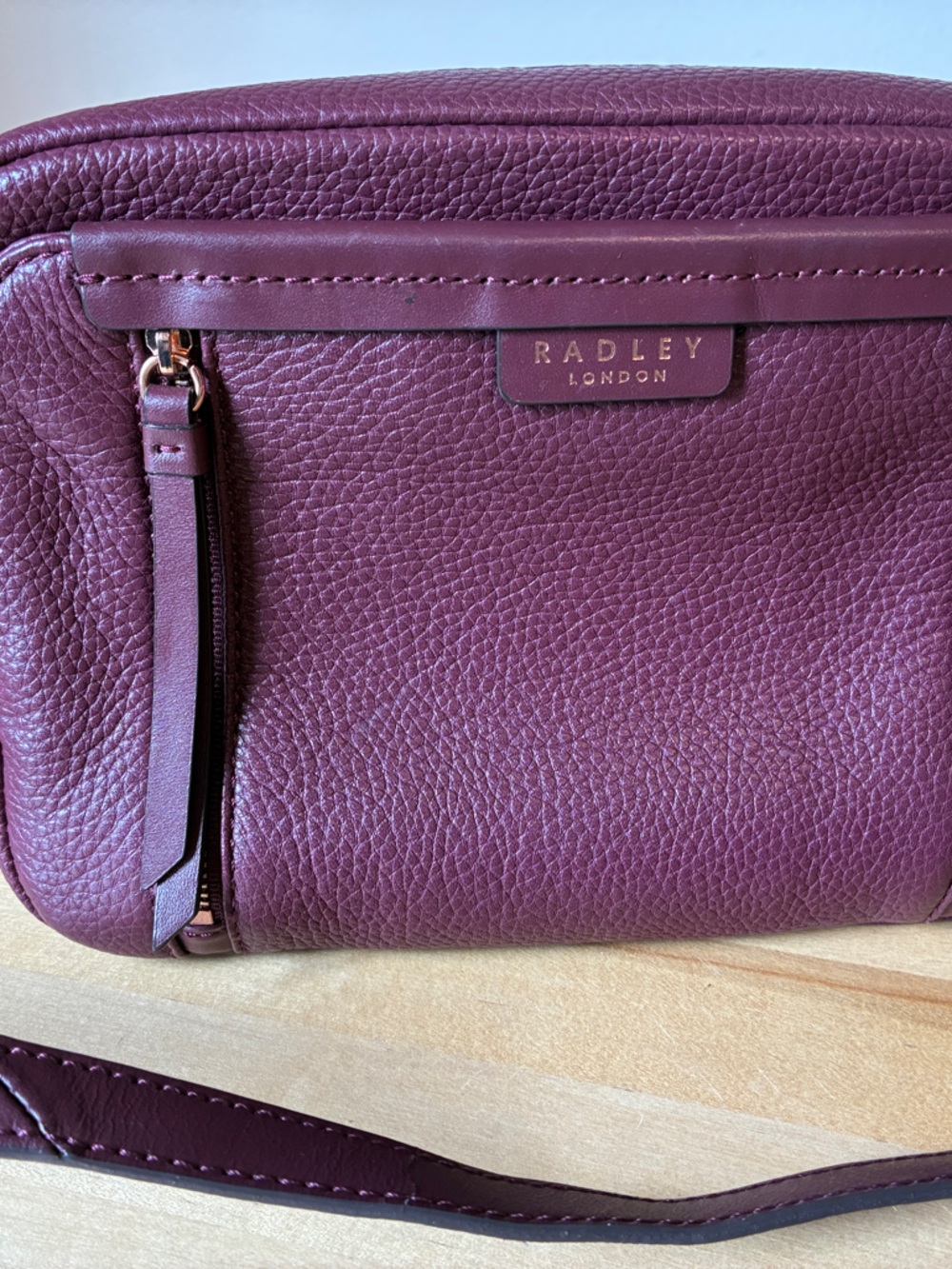RADLEY LONDON Pebbled Leather Crossbody in Deep Plum Rose Gold Hardware